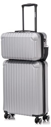 R.Leone Valigia Ryanair 55x40x20 cm+ 40x20x25 cm Set 2 Pezzi Trolley Bagaglio a mano 4 Ruote e Beauty Case in ABS 2208 (Argento, Set 2 Pezzi S+XS)