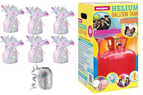 Small helium balloon canister with 6 Iresedescent balloon weights and 20m Ribbon - Canister fills upto 30 x 9 inch latex balloons