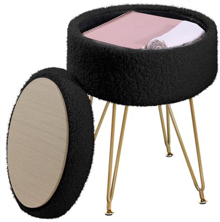 ABHENG Storage Ottoman Round Footrest Stool, Vanity Stool Chair Faux Teddy Fur with Storage, Modern Multifunctional Chairs, 32 x 32 x 44 cm, Ink Black ASND51B