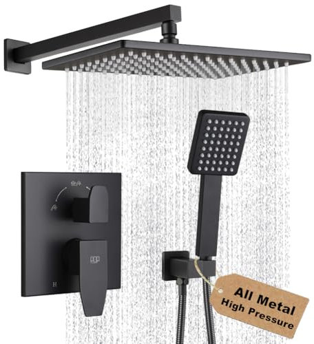 POP SANITARYWARE Matte Black Shower Faucet Set Rainfall 12 Inch Shower Head and Handle Set Bathroom Rain Shower System Wall Mounted Shower Fixture Include Shower Valve and Trim Kit