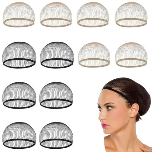 Casquettes Filet Cheveux Perruque, Bonnet Unisexe Wig Caps de Perruque pour Homme et Femme, neutres nue et noir (12 pcs)