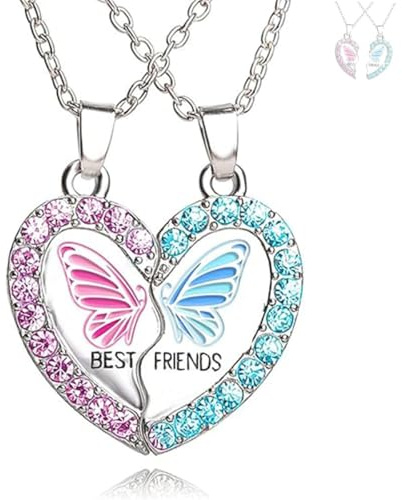BFF Necklace for 2,Best Friend Necklaces with Heart shape Butterfly Pendant Matching Friendship Necklaces Girl Gifts Kids Jewellery for Women Graduation Birthday Christmas Valentines Gifts