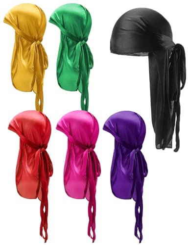 KGDUYC 6 pcs Seda para Hombres Durag, Paquete Durags Do Rags con Cola Larga y Correas Anchas para Hombres y Mujeres - 6 Colores