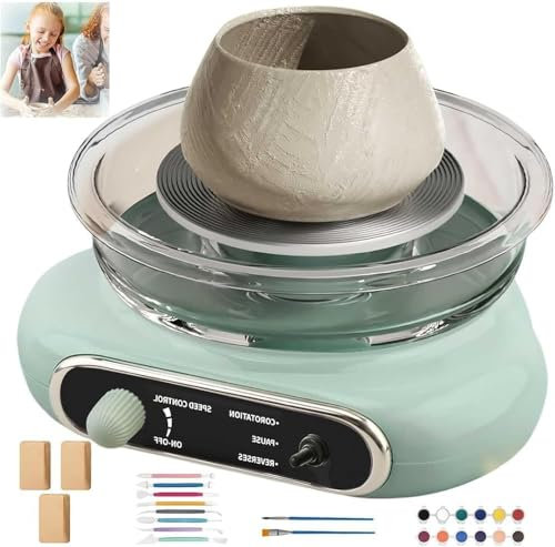 Elektrische Töpferscheibe für Kinder und Erwachsene, Komplettes Töpfer-Set mit Werkzeugen, Selbsthärtende Tonmaschine, DIY Drehscheibe für Anfänger, Schule & Zuhause,Green