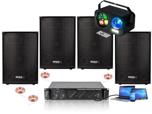 Ibiza - Pack Sono 3200 W Total - 4 altavoces pasivos 400 W - Amplificador 2 x 800 W AMP1000-MKII - Juegos de luces 3 en 1 - Fiesta DJ