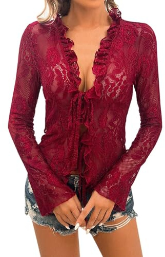Top Dentelle Femme Sexy, Chemise Femme Manches Longues Transparent Cardigan Décontracté Couleur Unie Blouse avec Cordon De Serrage Haut Chic Et ÉLégants Slim Tunique pour Banquet Tendance Club