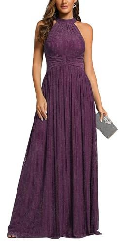 Ever-Pretty Abito da Sera Lungo per Donna, Scollo A Barca, Plissettato, Senza Maniche, Vita Alta, Scintillante Glycine Violette 42