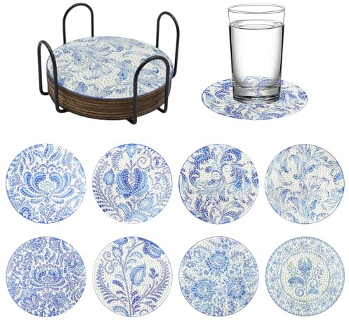 Diamond Art Coasters Set with Holder, 8PCS Blue Floral Diamond Painting Coasters for Adults, Arts and Crafts Kits for DIY Home Decor, 4 Inch Round Coaster