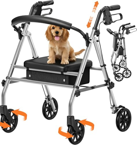 Luckfaith Andador Rollator con Asiento y Almacenamiento – Andador de 4 Ruedas Ligero y Plegable con Marco para Personas Mayores y con Discapacidad, Uso Interior y Exterior, Gris