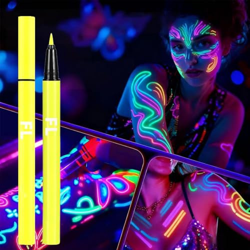 2-in-1 Yellow UV Glow Eyeliner Pencil – Waterproof Smudge-Proof Neon Face Paint Pen & Liquid Eyeshadow – Fluorescent Glow in the Dark Makeup for Halloween, Parties & Festivals
