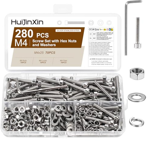 280 st M4 x 25 mm skruvar i set, set med insexskruvar och muttrar, cylinderbultar i rostfritt stål med muttrar, sexkantsskruvar med underläggsskivor i sortiment, maskinskruvar gängskruvar