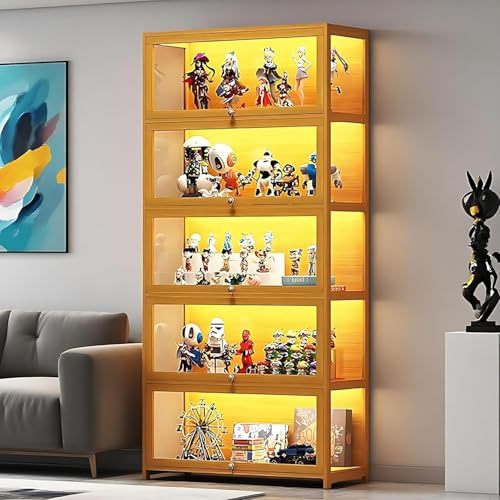 Scribora Vetrine, vetrina in vetro per oggetti da collezione e trofei, vetrina a 5 ripiani, libreria, armadietto per soggiorno, camera da letto, ufficio (Coperchio marrone)