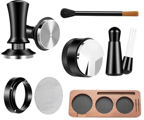 7 Pcs 51mm Espresso Tamper Tools Accessories Kit for Coffee WDT Tool Accessories Set Coffee Tamper Set with Wood Espresso Tamping Station Distributor Dosing Funnel Stirrer Brush Puck Screen -51mm