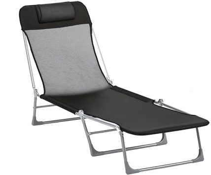 Outsunny Lettino Prendisole Pieghevole con Schienale Reclinabile su 5 Livelli e Poggiatesta, Sdraio da Giardino con Seduta Traspirante in Texteline, per Spiaggia Piscina Giardino, 182x56x28 cm, Nero
