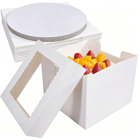 5 Piezas Cajas de Transporte para Tartas, Caja Tarta de Cartón con Ventana Transparente y Bandeja para Fiestas, Cumpleaños (10 Pulgadas)