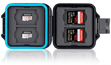 Ares Foto® Schutzhülle • Aufbewahrung • Box • Speicherkarten Schutzbox • Memory Card Case • Card Safe • Tasche • Etui für 4 x SD Karten und 4 x Micro SD und SIM Karten • Tragekordel und Simnadel