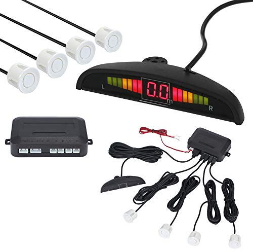 AUTOUTLET Einparkhilfe Parksensoren PDC Rückfahrwarner 4 Sensoren Universal Auto Rückwärtsparkhilfe Rückwärtsgang Audio Buzzer Alarm Kit LCD Display DC 12 V(weiß)