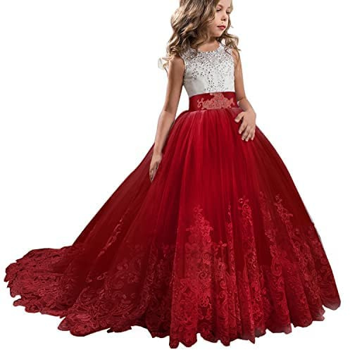 TTYAOVO Girls Floor Length Lace Princess Dress Girl Party Wedding Bridesmaid Dress Layered Puffy Tulle Dresses