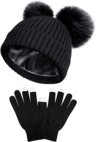 SATINIOR 2 Pieces Womens Winter Beanie Hat Satin Lined Knitted Pompom Beanie Hat Touchscreen Gloves Soft Warm Set for Women(Black)