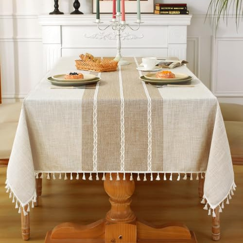 Laolitou Rustic Cotton Linen Table Cloth,Tablecloths for 6 Foot Rectangle Tables,Waterproof Washable Tablecloth with Tassel Rectangle/Oblong, 55''x 86'', 6-8 Seats
