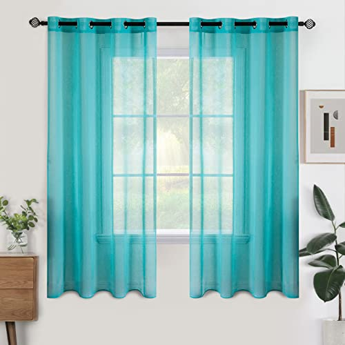 Woaboy Voile Gardinen Kurz Vorhänge Transparent Wohnzimmer mit Ösen Stores Gardinen Schlafzimmer Ösenvorhang Scheibengardine Schlaufengardinen Modern 2er Set 140x175 cm (B x H) Türkis
