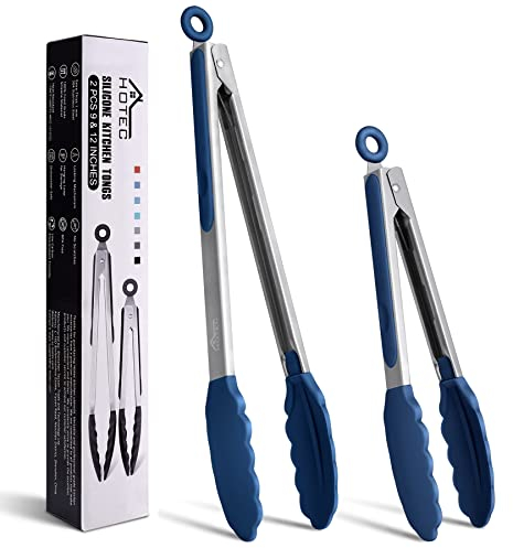 Hotec Pinzas de cocina de acero inoxidable de con puntas de silicona, juego de 2 a 23cm y 30.5cm，Azul Oscuro