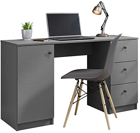 Madesa Executive Computer Writing Desk 53 Inch with 3 Drawers and 1 Door, Metalic Handles Wooden Home Office PC Study Table with Storage - Gray