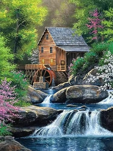 XIATIAN House Landscape Diamond Painting Kit, Diamond Art Adults 12x16 Inch | High Resolution Print, Sufficient Diamonds, Relieve Stress and Emotions, DIY Full Round Drill Arts, for Home Wall Decoration