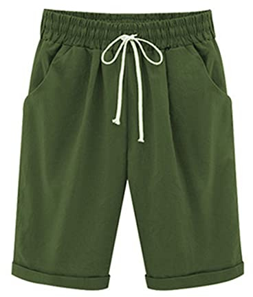 oglccg Half Pants Plus Size Knee Length Cotton Linen Shorts with Pockets Solid Beach Vacation Shorts Straight Leg Trousers Drawstring Elastic Waist Bermuda Shorts Work Shorts, #07 Army Green, 5XL