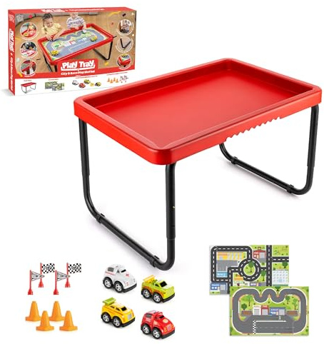 Play Tray Activity Table with City & Race Play Mat Set, Adjustable Heights, Food Safe, Portable Messy Activity Table