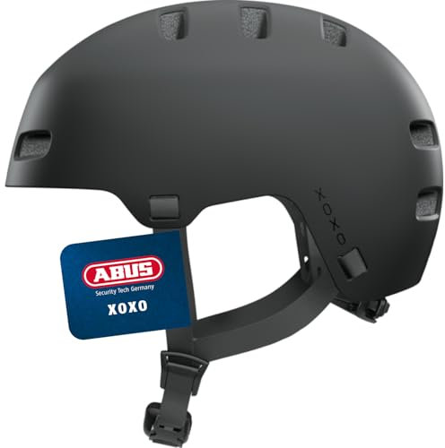ABUS Fahrradhelm XOXO - Cityhelm im Skater-Look - Helm für Skateboard, Fahrrad, Scooter - mit optimiertem Kinnpolster - für Jugendliche und Erwachsene - Größe L, Schwarz