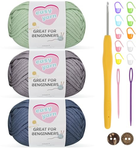 Nissary virkgarn, tjock ull för virkning 3 x 50 g, virkgarn för nybörjare, bomull för virkning, amigurumi-garn, bomullsgarn med 3,5 mm virkade nålar, virkade startset