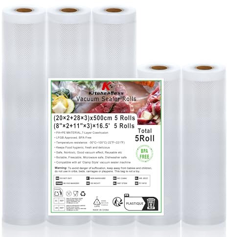 KitchenBoss Sac Sous Vide Alimentaire：28x3/20x2/x500 cm 5 Rouleaux, Rouleau Sous Vide Alimentaire de Qualité Alimentaire, Film Sous Vide Alimentaire pour la Congélation, Sous Vide et Machine Sous Vide