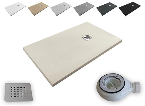 Plato de Ducha Resina Aligerado Extraplano Aligeres® -Todas las medidas disponibles -Antideslizante Textura Pizarra - Incluye Válvula desagüe+Rejilla (BEIGE 9001, 70x80)