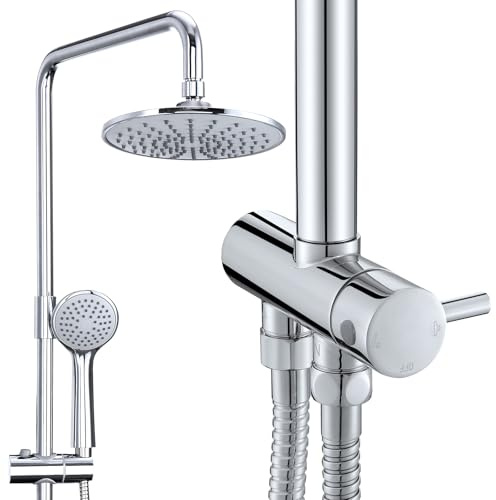 HOMELODY Sistema de ducha sin grifería, ducha de lluvia con cabezal de ducha de acero inoxidable, redondo, cromado, barra de ducha, juego de columna de ducha SUS304