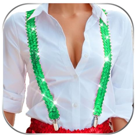 REETAN Sequin Suspenders Sparkly Fashion Suspender Rave Accessories for Adults (Green)