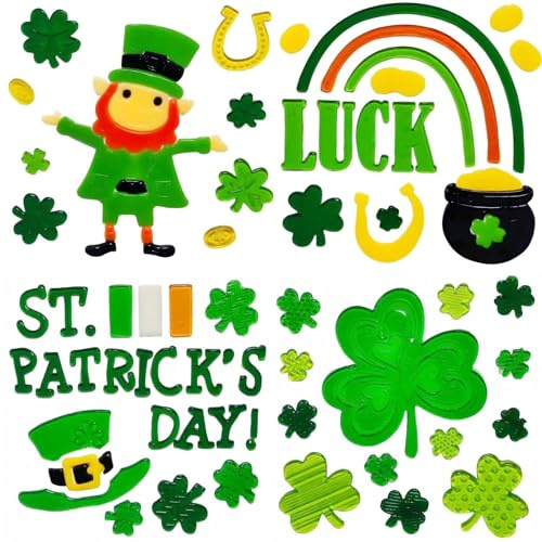 Gift&Fun 4Sheets St. Patrick's Day Window Gel Clings Decorative Stickers, Irish Shamrock Leprechaun Rainbow Pot of Gold Design, 7.9 x 7.9 Inch Holiday Decals