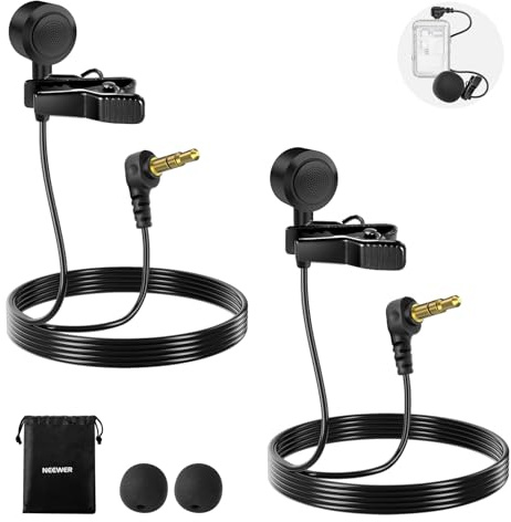NEEWER ø9.7mm Lavalier Microphone (2 Pack), 3.5mm TRS Clip On Lapel Wired Omnidirectional Condenser Lav Mic with 1.5m Cable & Windscreen for Video Recording, Vlogging, Filming, LM10
