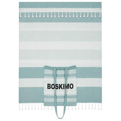 BOSKIMO Toalla de Playa Grande con Bolsa Cosida 2 en 1 - Pareo Estilo Fouta con Flecos, 90x200 cm - Toalla y Bolso Multiusos Hombre y Mujer - Ideal Piscina, Picnic, SPA y Viaje - 5 Colores