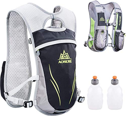 AONIJIE dryckesryggsäck 5,5 l ridväst väska för maratonlöpning, cykling utomhus, klättring last mobil plånbok med 2 l vattenbubbla (svart + 2 x 250 ml vattenflaska)