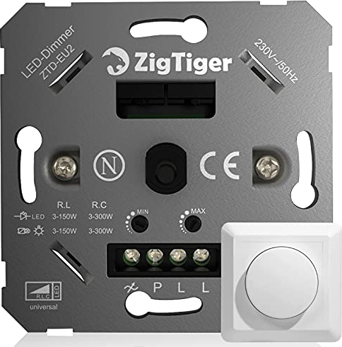 Zigtiger Variateur De Lumiere LED, Zigtiger Variateur LED, variateur rotatif encastré pour LED dimmables et halogène 3–100 W, sans griffes de serrage, garantie 3 ans