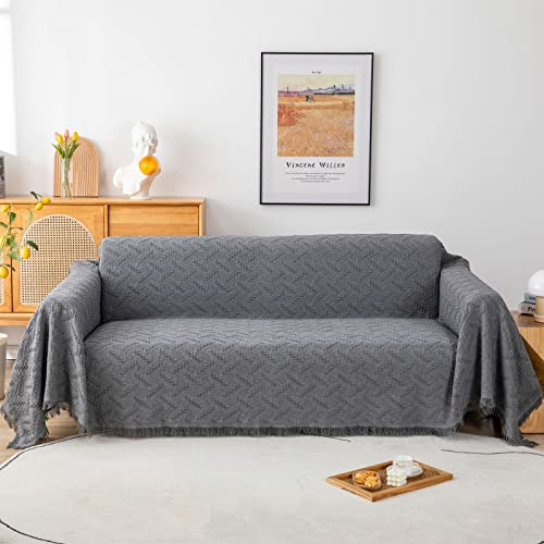 LHGOGO Throws for Sofas Large 2 or 3 Seater Woven Sofa Throw Blanket Reversible Large Throws for Settees Couch Love Seat Double Bed and Armchair with Tassels 180x230cm - Grey
