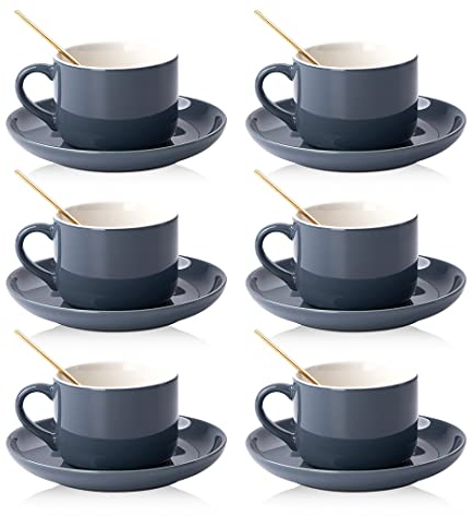 CHILDIKE Juego de 6 tazas de café y platillos de porcelana, tazas de té de cerámica de 8 onzas con cuchara dorada, juego de tazas de capuchino gris, estilo moderno
