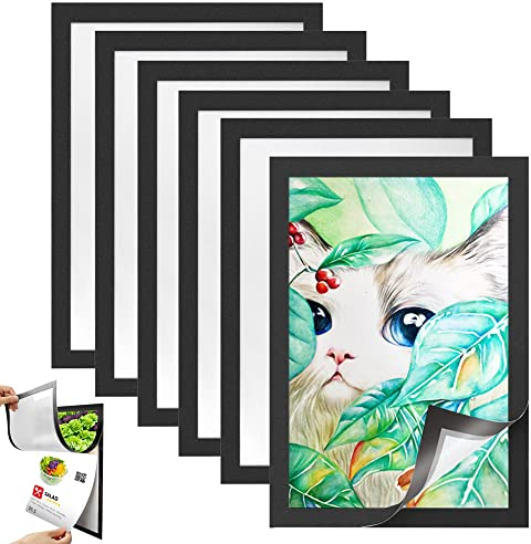 BUENTYA 6 Stück Magnetrahmen A4 Info Rahmen Selbstklebend Blatthalter Magnettasche Informationsrahmen Schwarz Plakatrahmen Magnetisch Dokumentenhalter Transparent Infotasche Plakathalter für Fenster
