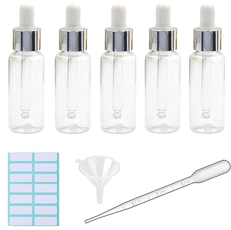 Lot de 5 flacons compte-gouttes 30 ml pour pipette d’huile essentielle rechargeable - avec pipette mesurée, entonnoir et étiquettes (blanc + bouchon argenté)