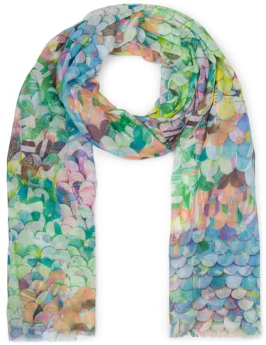 styleBREAKER Damen Schal mit buntem Schuppen Muster, Leichtes großes transparentes Tuch mit kurzen Fransen 01016224, Farbe:Grün-Blau