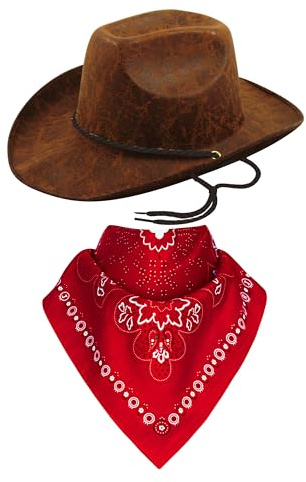 Lizzy Leather Look Cowboy Hat with Red Paisley Bandana | Dark brown Colour Western style unisex hat for cowboy, cowgirl and sheriff fancy dress outfit Accessories Dress- up Party