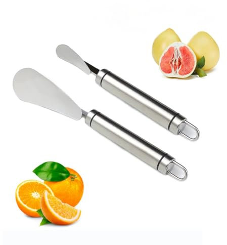 Lot de 2 éplucheurs d'orange en acier inoxydable à long manche en acier inoxydable - Couteau à pamplemousse - Outil de cuisine pour kiwi, mangue, dessert, agrumes