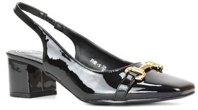 Women's Block Mid Heel Court Shoes Ladies Black Patent Slingback Buckle Detail Square Toe Size 5