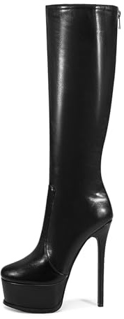 LINMUYOUJIA platform black knee high boots for women skinny round toe back zipper Stilettos heels Large size unisex wide calf boots-matte-black-46